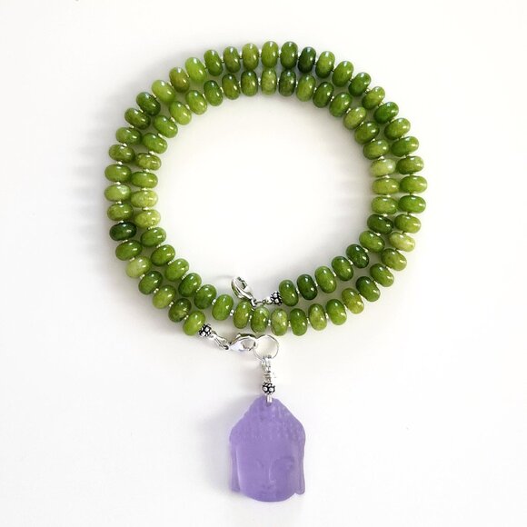 GREEN COLOR JADE NECKLACE W/ PURPLE BUDDHA--20" - Picture 1 of 4